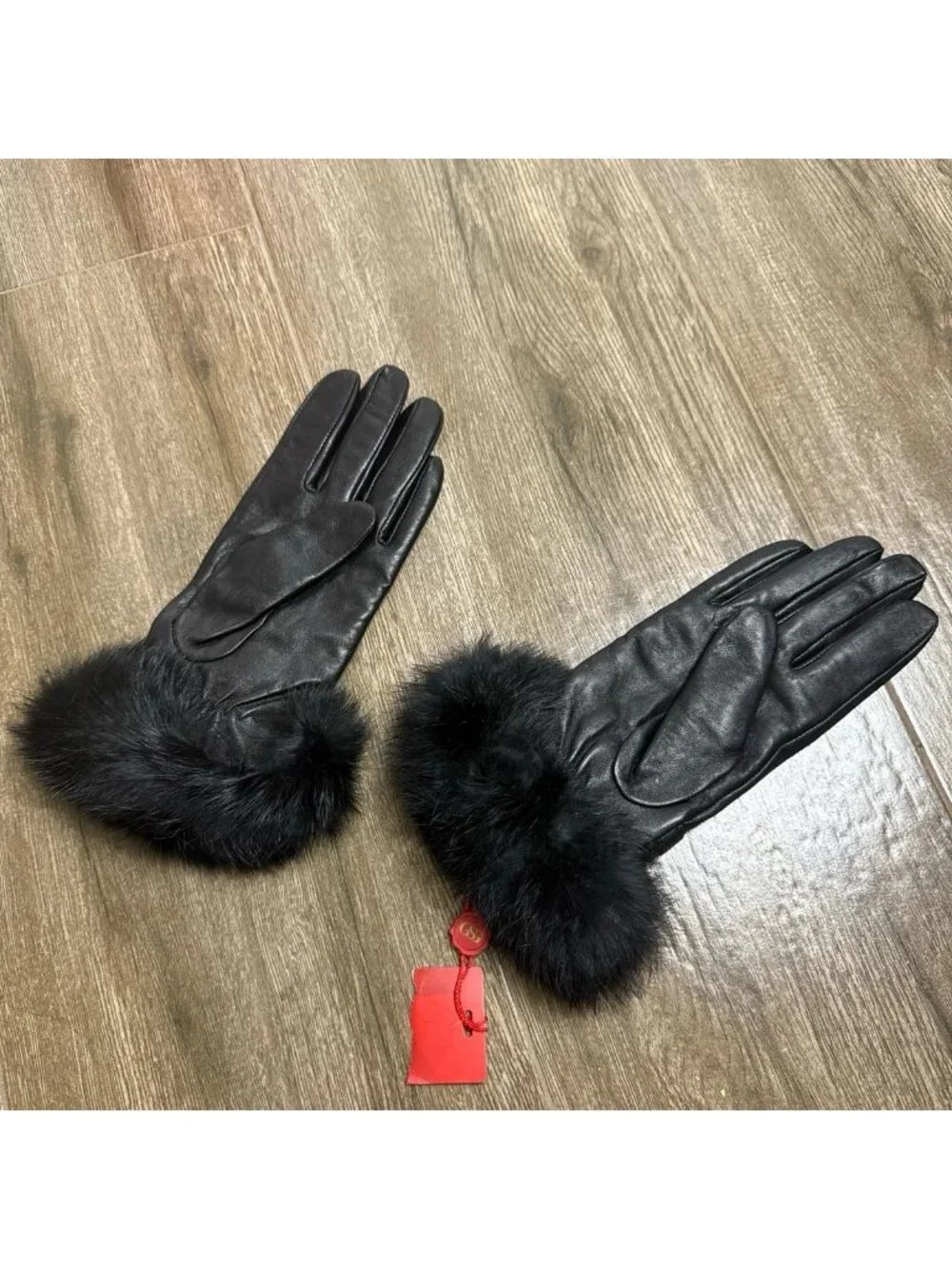 New GSG black leather Gloves with rabbit fur cuffs and wool liner size 7